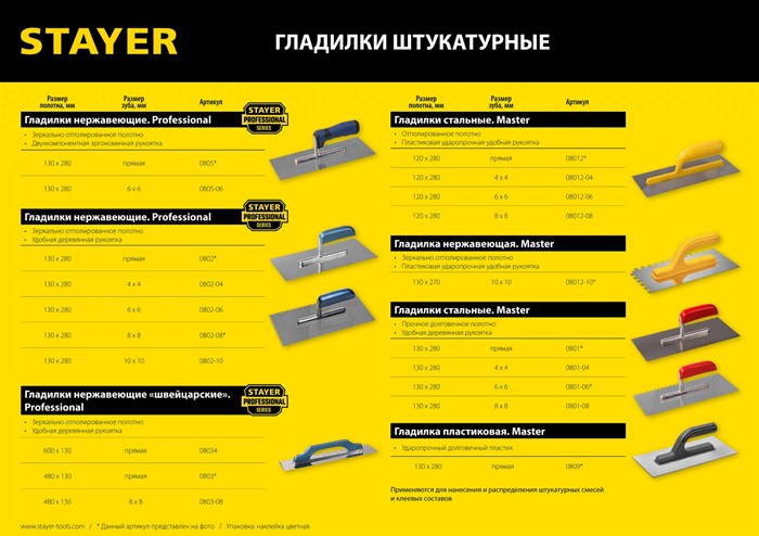 STAYER 130х280 мм, 10х10 мм, зубчатая деревянная ручка, штукатурная гладилка нержавеющая, PROFESSIONAL (0802-10) 11605 - фото 58932