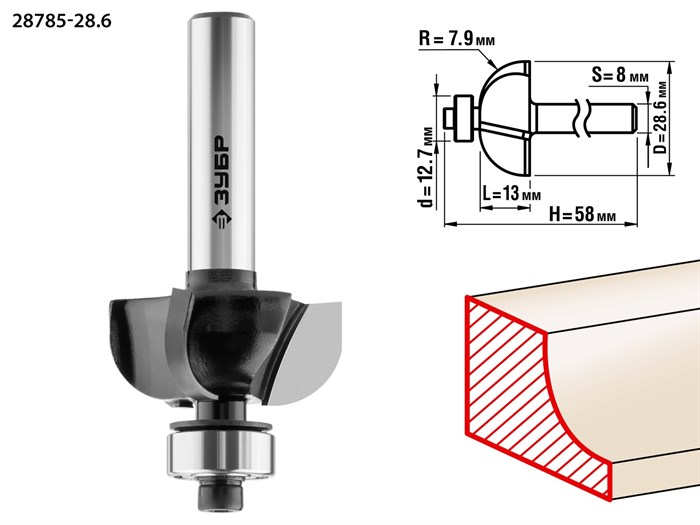 ЗУБР 28,6x13мм, радиус 7.9мм, фреза кромочная калевочная №2 16420 - фото 63913