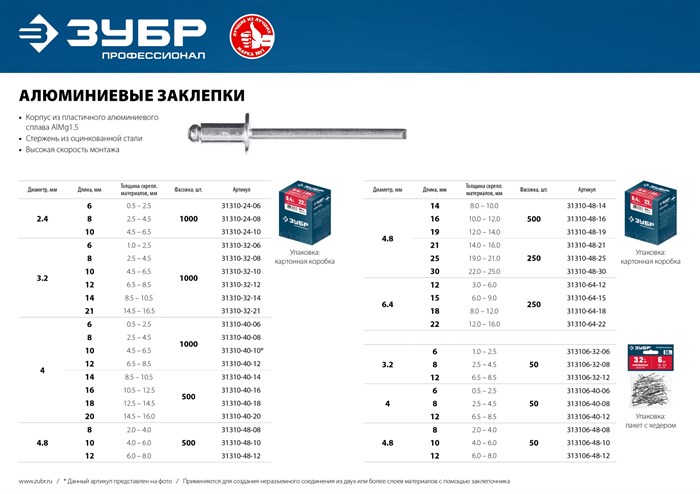 ЗУБР 2.4 х 8 мм, алюминиевые заклепки, 1000 шт, Профессионал (31310-24-08) 19225 - фото 67578