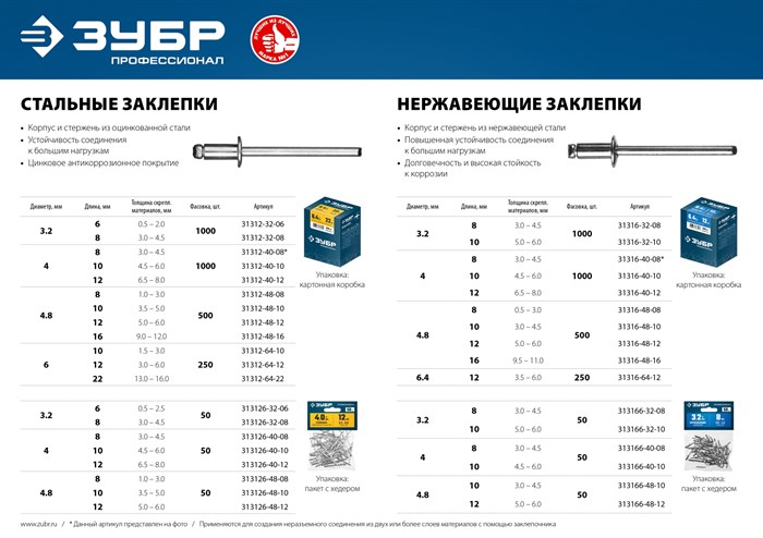 ЗУБР 3.2 х 6 мм, стальные заклепки, 1000 шт, Профессионал (31312-32-06) 19409 - фото 67813