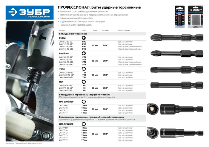 ЗУБР PZ 3, 50 мм, 2 шт., Ударные биты (26023-3-50-S2) 20818 - фото 70335