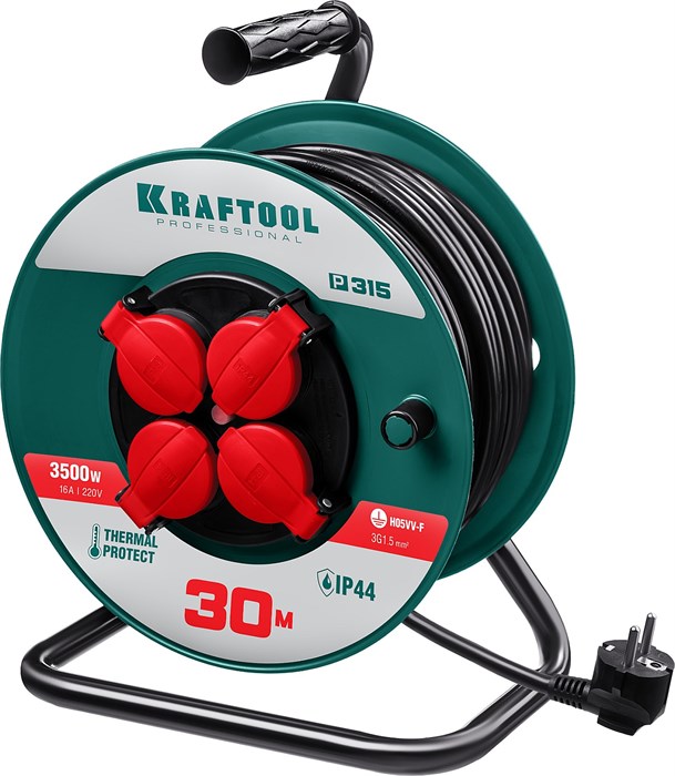 KRAFTOOL P-315, ПВС 3х1.5 30м, 3500Вт IP44, Силовой удлинитель на катушке (55084-30) 32527 - фото 82008