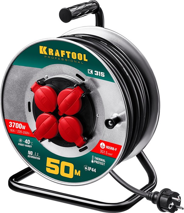 KRAFTOOL K-315, КГ 3х1.5 50м 3700Вт IP44, Силовой удлинитель на стальной катушке (55085-50) 32565 - фото 82092