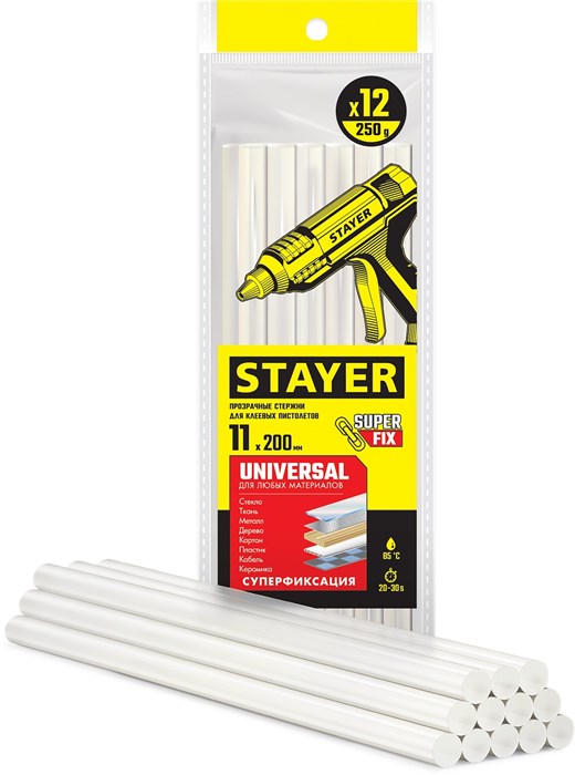 STAYER Universal 11х200 мм 12 шт., Универсальные клеевые стержни прозрачные, (06821-12) 8285953 - фото 87403