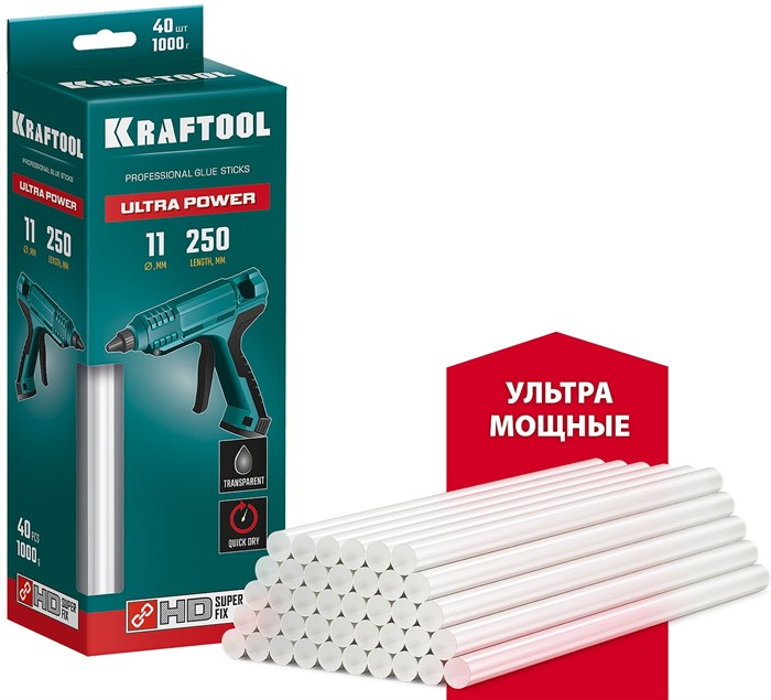 KRAFTOOL Ultra Power 11х250 мм 40 шт., Ультрамощные клеевые стержни прозрачные (06848-40) 8805037 - фото 87860