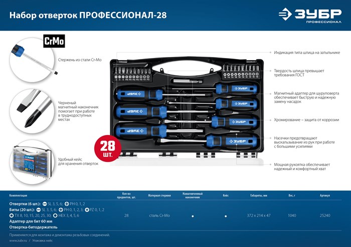 ЗУБР 28 предм., Набор отверток, Профессионал-28 (25240) 14394315 - фото 91149