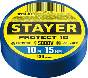 STAYER Protect-10 15 мм х 10 м белая не поддерживает горение, Изоляционная лента пвх, PROFESSIONAL (12291-W) 9355618