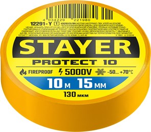 STAYER Protect-10 15 мм х 10 м жёлтая не поддерживает горение, Изоляционная лента пвх, PROFESSIONAL (12291-G) 9355629